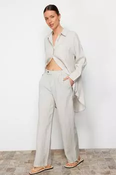 Женские модные новые джинсы, серые 100% льняные плиссированные широкие брюки с высокой талией