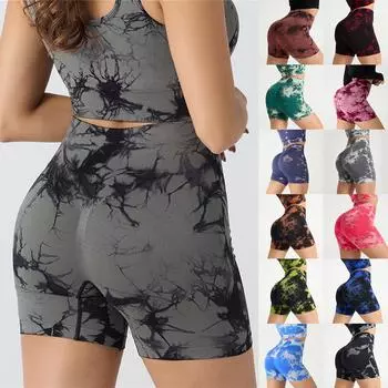 Женские модные обтягивающие дышащие шорты для йоги с высокой талией и принтом тай-дай L армия зеленый