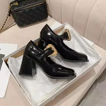 Женские модные одинарные ботинки на толстом каблуке, осенние, новые, квадратные, с неглубокой горловиной, с металлической пряжкой, темпераментные, высокие каблуки 35 чёрный