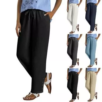 Женские модные однотонные эластичные повседневные брюки с карманами по бокам и кружевом S чёрный