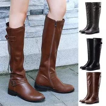 Женские модные однотонные ботинки, мотоциклетные ботинки с пряжкой на низком каблуке, ботинки с боковой молнией 38 чёрный