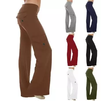 Женские модные однотонные брюки для йоги с эластичной талией и множеством карманов, повседневные брюки M