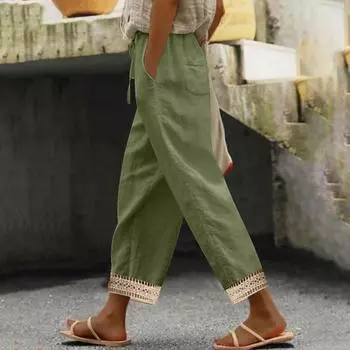 Женские модные однотонные брюки кэжуал из хлопка и льна с карманами и кулиской, с кружевом L армия зеленый