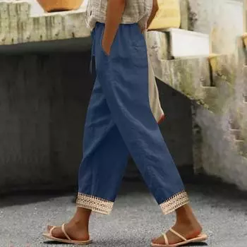 Женские модные однотонные брюки кэжуал из хлопка и льна с карманами и кулиской, с кружевом S