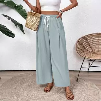 Женские модные однотонные брюки кэжуал с широкими штанинами, эластичной талией на кулиске и карманами M