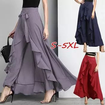 Женские модные однотонные брюки-палаццо с завязками на талии, повседневные юбки, длинные вечерние платья-макси, брюки большого размера XXXL чёрный