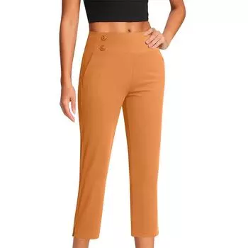 Женские модные однотонные брюки прямого кроя с высокой талией, пуговицами, карманами и эластичной талией, повседневные брюки S шафрановый