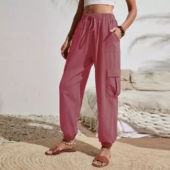 Женские модные однотонные брюки с эластичной талией и карманами, универсальные повседневные рабочие брюки M розовый