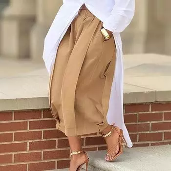 Женские модные однотонные брюки с эластичной талией, карманами, свободные, повседневные, с широкими штанинами длиной семь дюймов XXL хаки