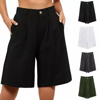 Женские модные однотонные брюки с карманами и пуговицами, капри, свободные хлопковые льняные шорты с эластичной резинкой на талии M