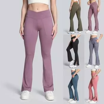 Женские модные однотонные брюки с перекрестной талией, карманами для пупка, персиковые брюки на бедрах с разрезом для ног, с высокой талией, спортивные штаны для фитнеса, йоги XL фиолетовый