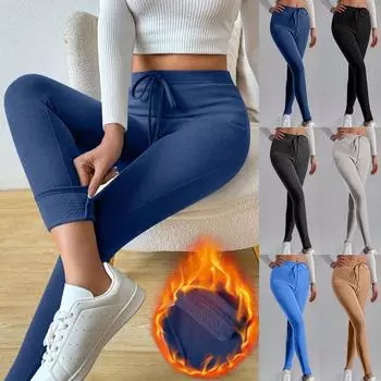 Женские модные однотонные брюки с плюшевой завязкой, обтягивающие и теплые леггинсы с высокой талией L чёрный