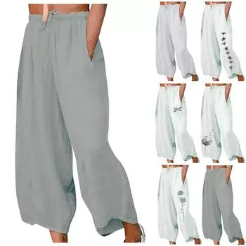 Женские модные однотонные хлопковые и льняные брюки с принтом, легкие дышащие повседневные брюки с высокой талией и завязками на девяти точках L