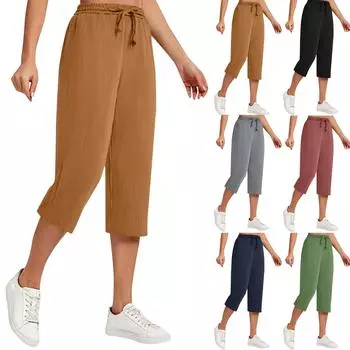 Женские модные однотонные хлопковые конопляные свободные повседневные брюки с широкими штанинами и карманами на шнурке L армия зеленый