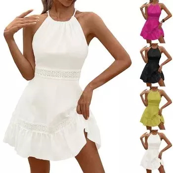 Женские модные однотонные кружевные платья с открытой спиной и завязками XXL