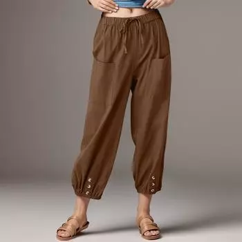 Женские модные однотонные льняные хлопковые леггинсы с карманами, эластичные повседневные брюки XXL коричневый