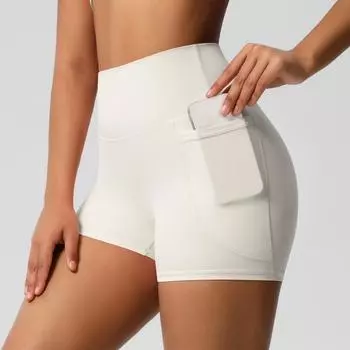 Женские модные однотонные обтягивающие шорты для йоги с высокой талией и карманами, спортивные брюки для бега и фитнеса длиной три четверти L бежевый
