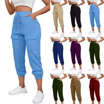 Женские модные однотонные однотонные уличные леггинсы с несколькими карманами на шнуровке XL чёрный