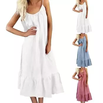 Женские модные однотонные платья без рукавов с круглым вырезом и оборками L розовый