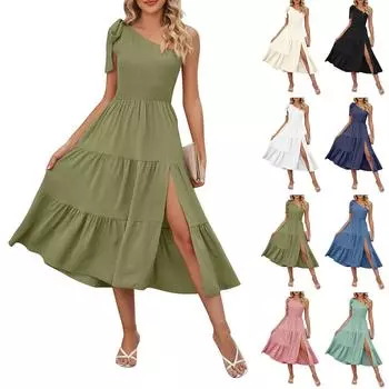 Женские модные однотонные платья с разрезом на одно плечо и шнуровкой S розовый