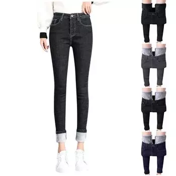 Женские модные однотонные плюшевые джинсы с высокой талией, утолщенные облегающие спортивные штаны, теплые повседневные брюки 26 чёрный