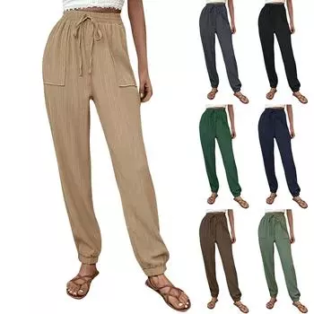 Женские модные однотонные повседневные брюки-карандаш с высокой талией и карманами на шнурке L