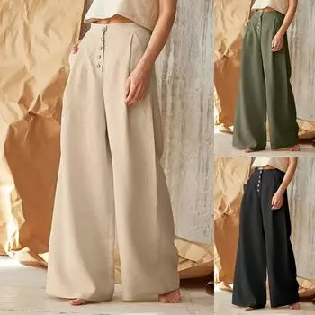 Женские модные однотонные повседневные брюки с высокой талией и пуговицами из хлопка и льна с широкими штанинами XL хаки