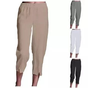 Женские модные однотонные повседневные брюки, тонкие дышащие брюки из хлопка и конопли, укороченные брюки с разрезом на ногах M чёрный