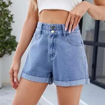 Женские модные однотонные повседневные джинсовые шорты с карманами на пуговицах и подвернутым краем L синий