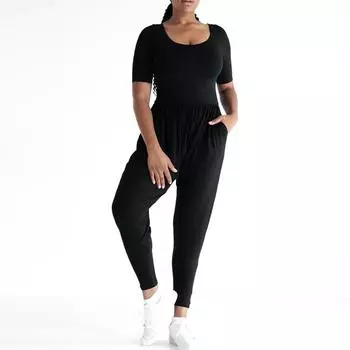 Женские модные однотонные повседневные комбинезоны с круглым вырезом и короткими рукавами L чёрный