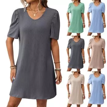 Женские модные однотонные повседневные платья с круглым вырезом и коротким рукавом в полоску M хаки