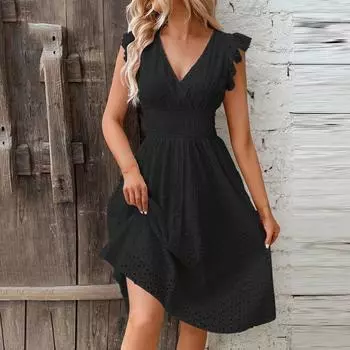 Женские модные однотонные повседневные платья средней длины с кружевом и V-образным вырезом M белый