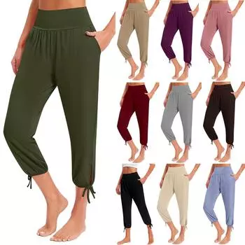 Женские модные однотонные повседневные свободные легкие брюки для йоги 9/10 с карманами S хаки