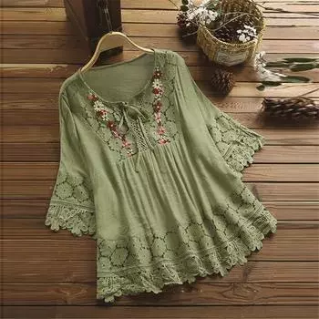 Женские модные однотонные повседневные топы со средним рукавом и завязками из кружева L зелёный