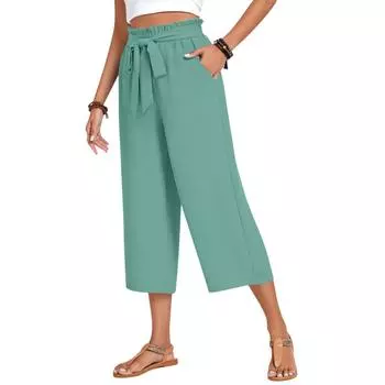 Женские модные однотонные повседневные укороченные прямые брюки с высокой талией и карманами на шнурке M синий