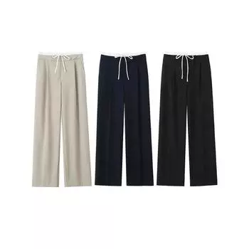 Женские модные однотонные прямые брюки со шнуровкой и боковой молнией, винтажные женские шикарные брюки с высокой эластичной талией XS чёрный