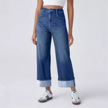 Женские модные однотонные прямые джинсы с карманами и подвернутым краем M синий