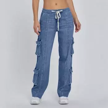 Женские модные однотонные прямые джинсы с кружевными карманами для работы XXL синий
