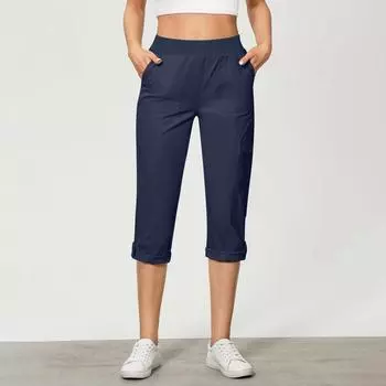 Женские модные однотонные рабочие брюки с эластичным поясом и карманами, укороченные повседневные брюки для бега L тёмно-синий