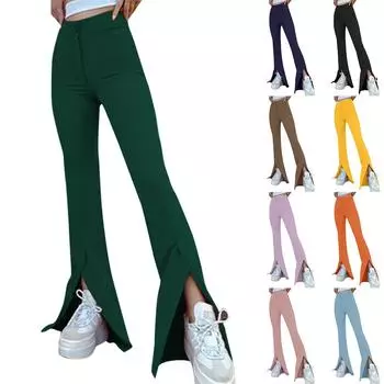 Женские модные однотонные расклешенные брюки с разрезом на пуговицах, повседневные свободные брюки L чёрный