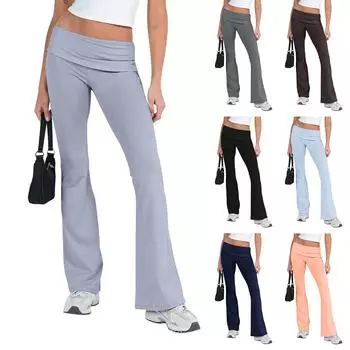 Женские модные однотонные расклешенные брюки со средней талией на шнуровке, повседневные брюки с высокой эластичностью