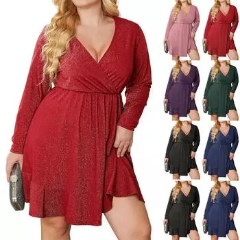 Женские модные однотонные сексуальные платья с длинным рукавом и пайетками с глубоким V-образным вырезом больших размеров L чёрный