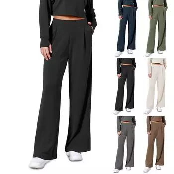 Женские модные однотонные широкие брюки с эластичной резинкой на талии, повседневные брюки с карманами и высокой талией