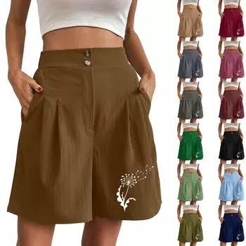 Женские модные однотонные шорты с карманами и пуговицами, свободные шорты с небольшим принтом травы S чёрный