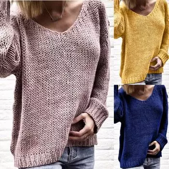 Женские модные однотонные свитера с v-образным вырезом и длинными рукавами и вязаные свитера XXXL тёмно-синий