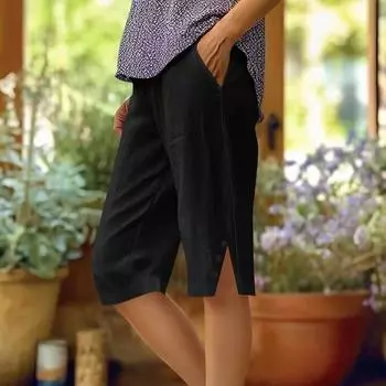 Женские модные однотонные свободные брюки с карманами и эластичной талией из хлопка и льна, повседневные брюки Five L чёрный