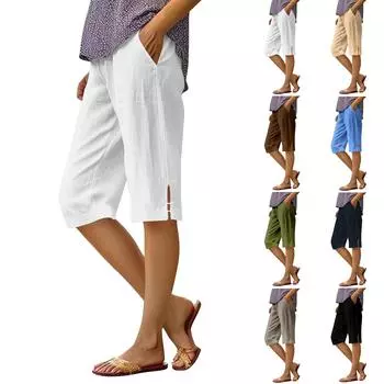 Женские модные однотонные свободные брюки с карманами и эластичной талией из хлопка и льна, повседневные брюки Five L чёрный