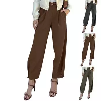 Женские модные однотонные свободные брюки с манжетами и высокой талией L армия зеленый