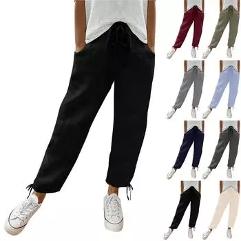 Женские модные однотонные свободные повседневные брюки из хлопка и льна с карманами L армия зеленый