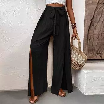Женские модные однотонные свободные повседневные брюки с широкими штанинами и высокой талией L чёрный